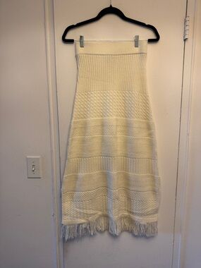 Cream Knit Fringe Midi Skirt - Women
